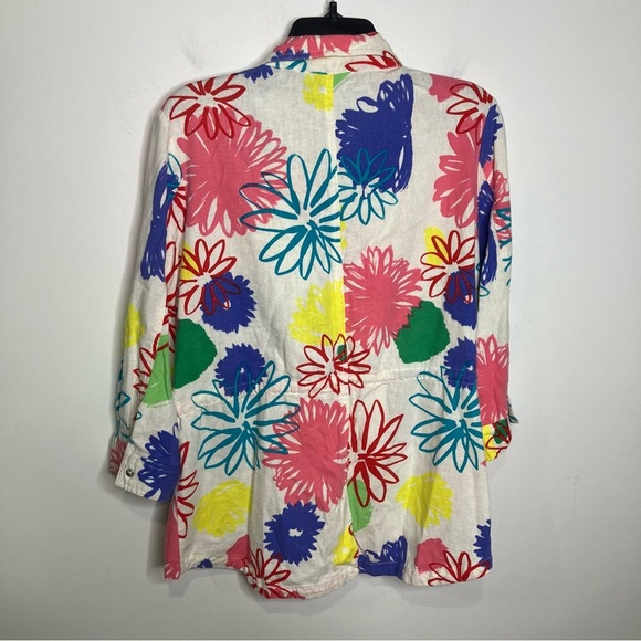 Erin London linen blend full zip jacket 3/4 sleeves multicolored floral size L - Picture 8 of 9